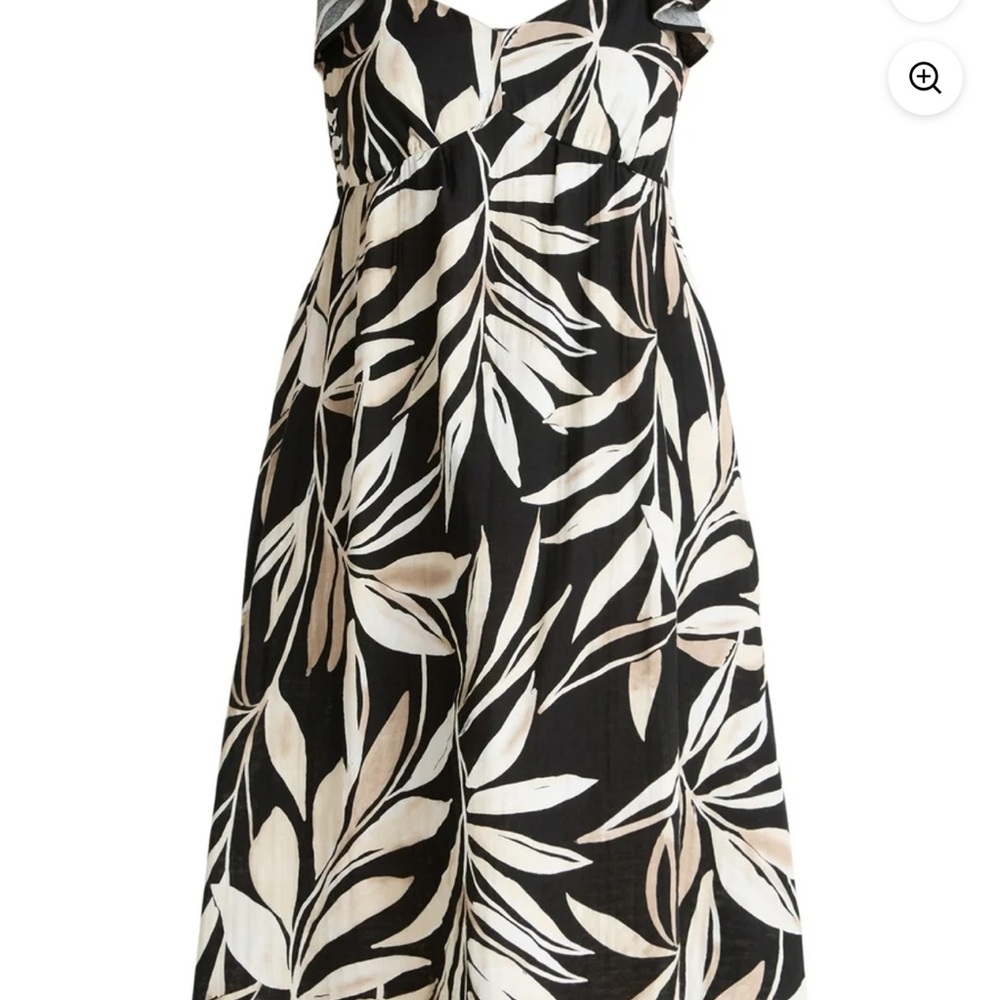 Time and Tru Black and Cream Leaf Print Midi Dress